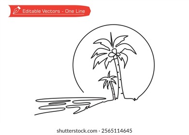 Beauty in nature of beach. One continuous line of island image with coconut trees on beach with circle as symbol of sun, moon. Vector illustration of one line beach landscape as symbol vacation.