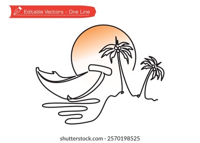 Beauty in nature beach scenery icon. One continuous line of hand drawn boat on the beach, coconut tree on the island, full moon or sun. Vector illustration of simple line drawing of beach panorama.