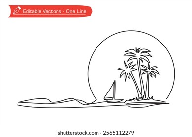 Beauty in nature of beach. Simple one line drawing of beach, boat, coconut tree with circle as symbol or icon of sunset and sunrise. Vector illustration of one line drawing of beach, sun or moon.