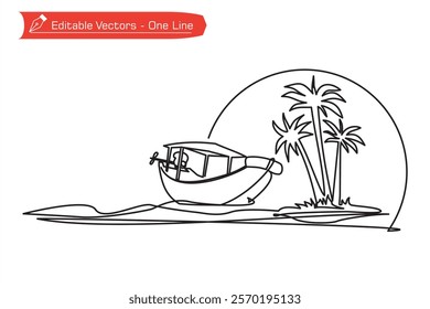 Beauty in nature beach tourism icon. One continuous line of hand drawn beach scenery, boat, coconut tree, moon, sun. Vector illustration of simple line drawing of beach panorama, boat, full moon, sun,