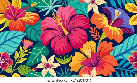 la belleza de la naturaleza con un colorido patrón de hibisco en un estilo de dibujo caprichoso y juguetón, con las flores exóticas