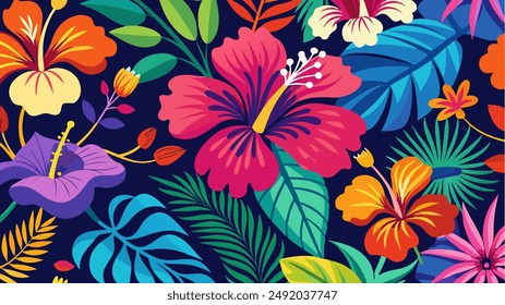 Die Schönheit der Natur mit einem bunten Hibiskusmuster in einem skurrilen und verspielten Zeichenstil, mit dem exotischen Blumen abstrakten Hintergrund