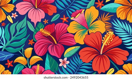 the beauty of nature with a colorful hibiscus pattern in a whimsical and playful drawing style, featuring the exotic flowers 