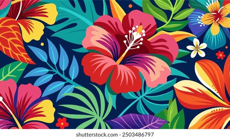 La belleza de la naturaleza con un colorido patrón de hibisco en un estilo de dibujo caprichoso y juguetón, con las flores exóticas en diseños llamativos y llamativos que agregarán un toque de color a cualquier superficie