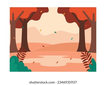 Beauty of nature in forest at evening time with trees, herbs, mountains. Fallen leaves because of the strong wind. Design background. Vector flat illustration