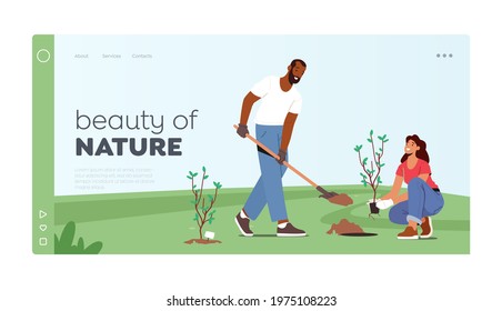 Beauty of Nature Reforestation and Trees Planting Landing Page Template. Volunteer Characters Planting Plants Seedlings. Revegetation, Nature Environment Protection. Cartoon People Vector Illustration