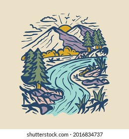 Beauty nature with river watercolor graphic illustration vector art t-shirt design