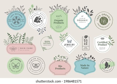 Beauty and nature. Set of signs for organic and cosmetic products. Vector illustrations for products promotion, packaging design, web design, business presentation, marketing material.