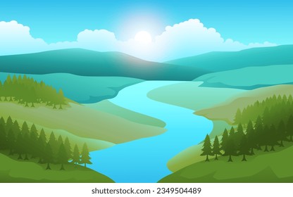 Beauty of nature with this illustration featuring a mountain landscape. The tranquil river winding through the towering peaks creates a captivating scene of tranquility