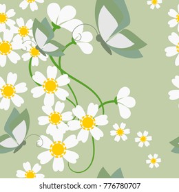 Beauty in nature, tiny daisy and butterflies seamless pattern vector. Sweet and lovely nature on pastel green color. 