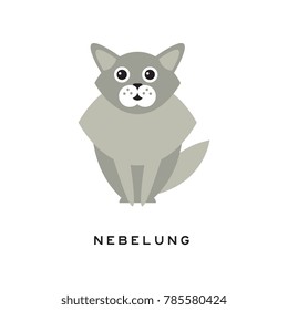 Beauty nebelung cat. Pet with big shiny eyes, long gray fur and ruff around neck. Cartoon purebred domestic animal. Flat vector design for veterinary service or pet shop