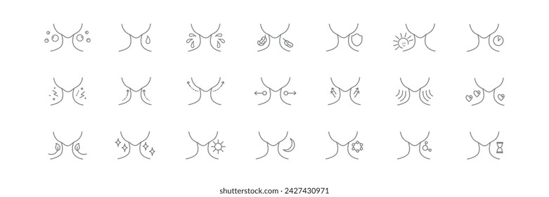 Beauty neck skin care icons set with face oval for cream, mask, cosmetic beauty product, medical clinic, web, packaging. Vector stock illustration isolated on white background. Editable stroke.EPS10