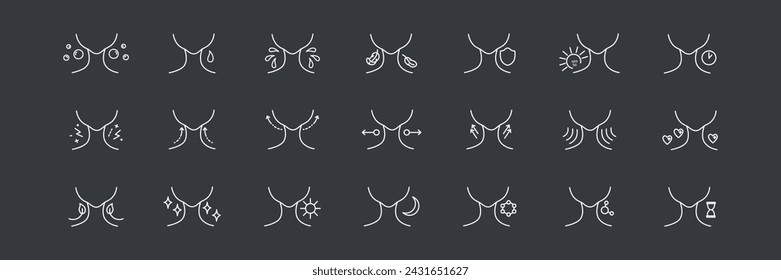 Beauty neck skin care icons set with face oval for cream, mask, cosmetic beauty product, medical clinic, web, packaging. Vector stock illustration isolated on black background. Editable stroke.EPS10