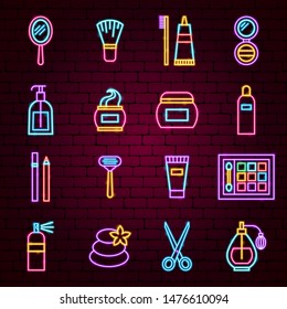 Beauty Neon Icons. Vector Illustration of Cosmetics Promotion.