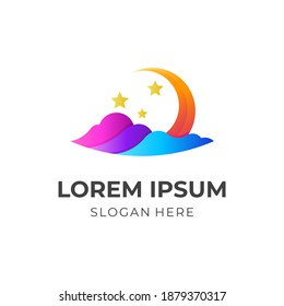 beauty night logo, moon, cloud and star, combination logo with 3d colorful style