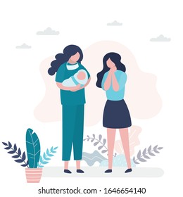 Beauty nurse or doctor holds a newborn baby in hands, happy mother standing near. Accoucheur in uniform holding child. Motherhood and childhood concept. Health care banner. Trendy vector illustration