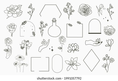 Beauty occult collection with geometric,magnolia,rose,moon,star,flower.Vector illustration for icon,sticker,printable and tattoo