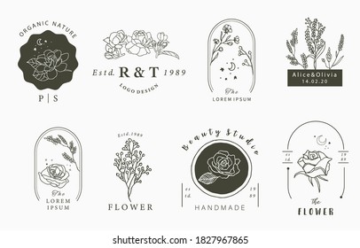 Beauty Occult Logo Collection With Geometric,rose,lavender,star,flower.Vector Illustration For Icon,logo,sticker,printable And Tattoo