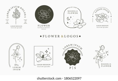 Beauty Occult Logo Collection With Geometric,rose,moon,star,flower.Vector Illustration For Icon,logo,sticker,printable And Tattoo