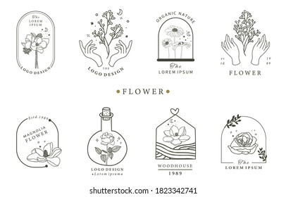 Beauty occult logo collection with geometric,rose,moon,star,flower.Vector illustration for icon,logo,sticker,printable and tattoo