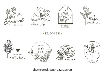 Beauty Occult Logo Collection With Geometric,rose,moon,star,flower.Vector Illustration For Icon,logo,sticker,printable And Tattoo