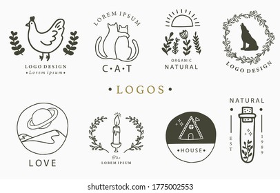 Beauty occult logo collection with hand, flower,house,cat,mountain.Vector illustration for icon,logo,sticker,printable and tattoo