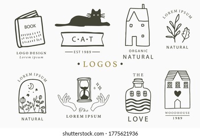 Beauty occult logo collection with hand, flower,house,cat,book.Vector illustration for icon,logo,sticker,printable and tattoo