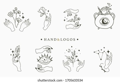 Beauty Occult Logo Collection With Hand,geometric,crystal,moon,star,flower.Vector Illustration For Icon,logo,sticker,printable And Tattoo