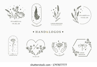 Kollektion des Beauty-okkulten Logos mit Hand, Geometrie, Farn, Mond, Stern, Blume.Vektorgrafik für Symbol, Logo, Aufkleber, Drucktisch und Tätowierung