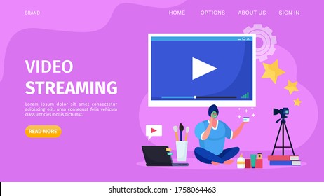 Beauty online video streaming, vector illustration. Internet blogger female character record tutorial for channel web page. Cartoon communication with camera, cosmetics blog content.
