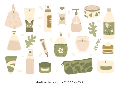 Beauty organic products set. Cleansing and moisturizing face vegan skincare. Serum and cream for natural spa. Skin, body cosmetics bottles, containers and tubes. Flat vector illustration.