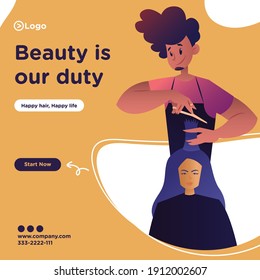 Beauty is our duty banner design. Salon man is cutting hairs of a woman. Vector graphic illustration.