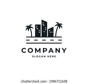 Beauty palm city vector logo design, Panorama view beach logo design