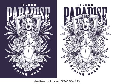 Beauty paradise girl monochrome flyer with model in swimsuit to visit beach and tropical flowers or leaves vector illustration