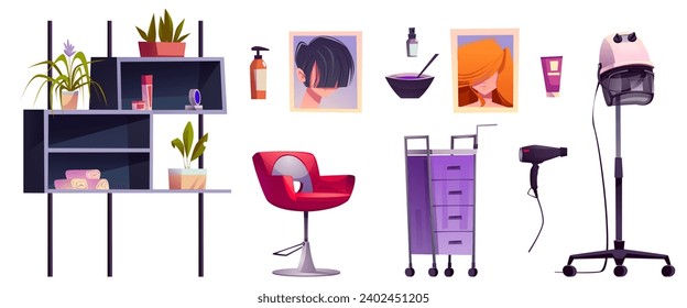 Los elementos de diseño del salón de belleza están aislados en un fondo blanco. Dibujo vectorial de la butaca de peluquería, secador de pelo y tinte, toallas limpias en la repisa, botella de champú, afiches de corte de pelo en la pared