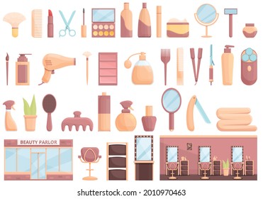 Beauty parlor icons set cartoon vector. Makeup artist. Bridal care