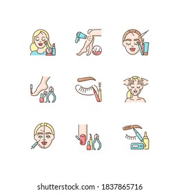 Beauty parlor RGB color icons set. Makeup. Manicure and pedicure. Eyebrow and eyelash making. Microblading. Beauty procedures. Beautician services. Isolated vector illustrations