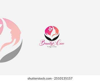 Modelo de design de logotipo de salão de beleza com cor de gradiente rosa. Design de logotipo de cuidados com a beleza com um rosto feminino e mão. Projeto do logotipo do centro de spa de beleza.