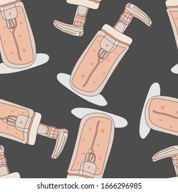 Beauty pattern. Hand drawn beauty and skin care cosmetic icons and objects. Seamless vector backdrop. Sketch design elements. Isolated vector illustrations on a grey background. Medical skin cosmetic.