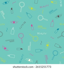 Beauty pattern with mirrors, lipsticks, eyes and other. Vector design