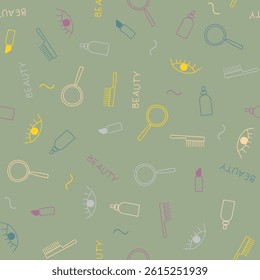Beauty pattern with mirrors, lipsticks, eyes and other. Vector design