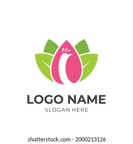 beauty peacock logo design with flat pink and green color style