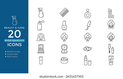 Ícones de linha de beleza e cuidados pessoais - rosto, cabelo, Skincare, maquiagem e bem-estar - Conjunto de vetor editável