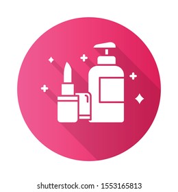 Beauty and personal care pink flat design long shadow glyph icon. Makeup products. Decorative cosmetics concept. E commerce department, online shopping categories. Vector silhouette illustration