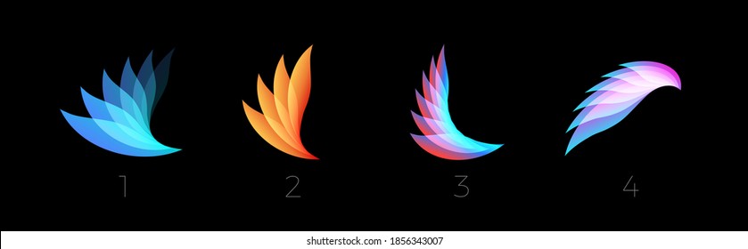 Beauty petals flat cartoon style vector logo set concept. Abstract light gradient wings symbol collection for business and startup. Colored feathers isolated icons on black background.