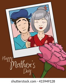 Beauty photo of aged mother and her son with a pink carnation, a memory of Mother's Day.