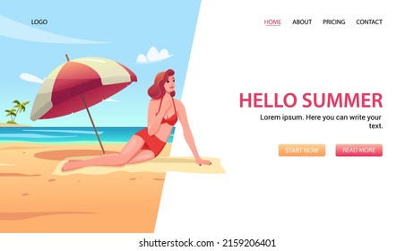 Beauty pin up woman in swimsuit on the beach. Web Banner Hello Sammer, Recreation concept, Summer vacation.Vector Cute Illustration in cartoon style.