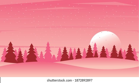 beauty pink winter landscape with forest scene vector illustration design