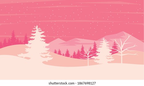 beauty pink winter landscape scene with pines trees vector illustration design