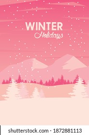 escenas del paisaje del paisaje del invierno rosa belleza con montañas y árboles ilustraciones vectoriales